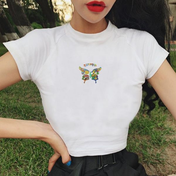 

women's t-shirt gothic black butterfly print cotton tshirt women harajuku bodycon summer tee shirt short sleeve t cropped streetwear, White