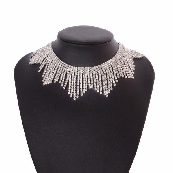 

chokers fashion rhinestones tassel collar choker necklaces women luxury wedding body jewelry crystal statement pendants, Golden;silver