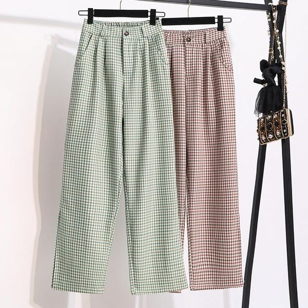 

women's pants & capris women plaid summer fashion girls split wide leg full length elastic high waist plus size trousers s-5xl, Black;white