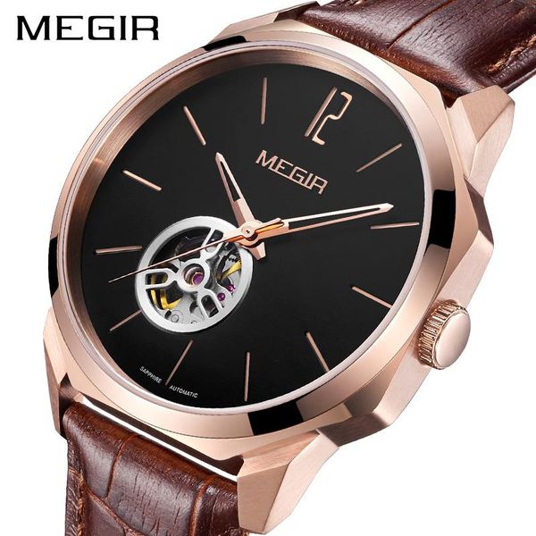 

wristwatches megir 2021 original men automatic japan miyota mechanical movement leather sapphire crystal business clock, Slivery;brown
