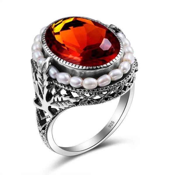

cluster rings szjinao real fresh water pearl for women vintage big stone ring with amber silver 925 handmade oval shape womens jewellery, Golden;silver