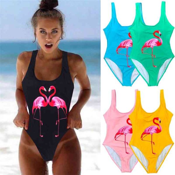 

new one piece swimsuit flamingos printed women summer white black backless swimwear bathing beachwear bodysuit 210324