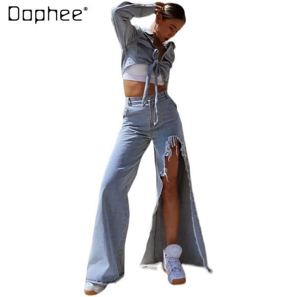 

spring single leg asymmetric denim street style niche handsome high waist extra long jeans bell-bottom pants women's, Blue