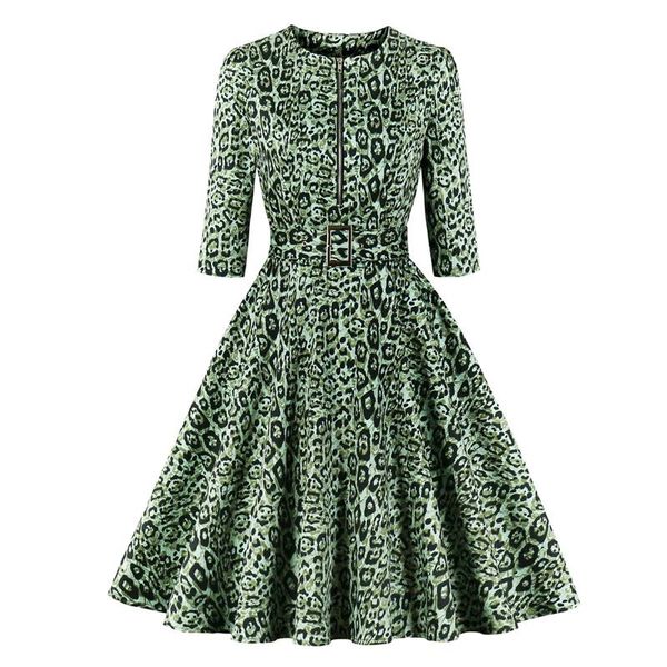 

casual dresses leopard print rockabilly elegant women vintage dress zipper front 3/4 length sleeve autumn cotton with belt 2021 vestido, Black;gray