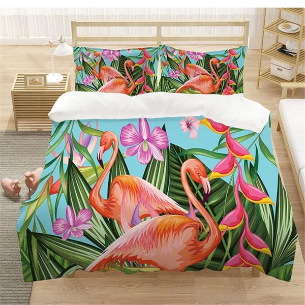 

bedding sets flamingo set bedclothes colorful flowers duvet cover green palm leaves home textiles tropical quilt king size