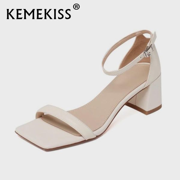 

sandals kemekiss size 33-40 women high heel real leather ankle wrap shoes summer fashion square toe ladies footwear, Black