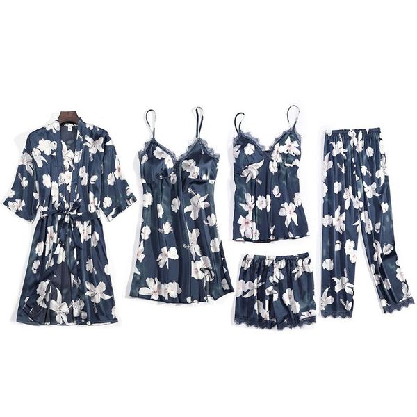 

women pajamas 5 pieces satin sleepwear pijama silk home wear clothing embroidery sleep lounge pyjama robe and nightgown set women's, Black;red