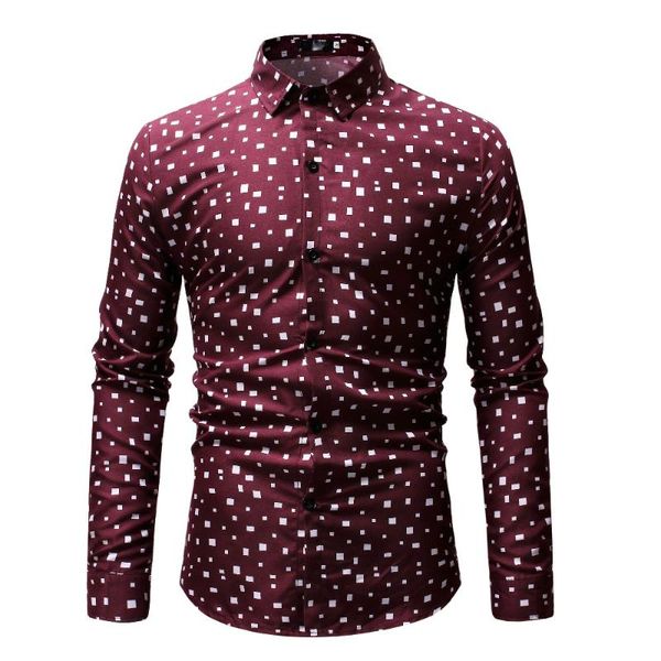 

men's casual shirts spring autumn fashion mens shirt slim fit printed long sleeve square dot business for men plus size, White;black