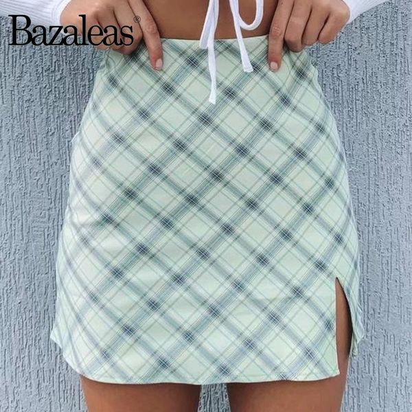 Gonne Bazaleas Vita alta Una linea Vintage Tartan Green Gonna corta da donna Slim Retro Sexy