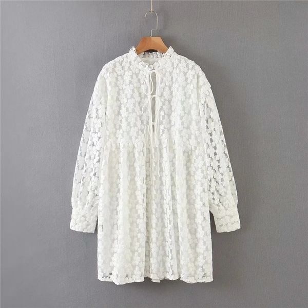 

women floral embroidery turtleneck white za lace stylish mini dresses chic lady summer puff sleeve high waist loose dress 201025, Black;gray