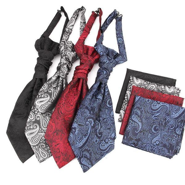 

men's wedding necktie handkerchief set ascot self tie neck gentleman polyester cravat custom logo bow ties, Black;gray