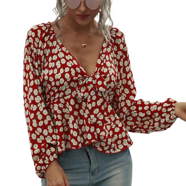 

women v-neck lace-up fashion long sleeve daisy print for ladies female women's blouses & shirts, White