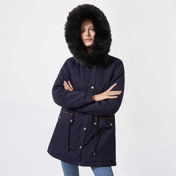 

women's down jacket daily work clothes outdoor autumn and winter long hooded slim and flowing long sleeves solid color fur with pockets, Black