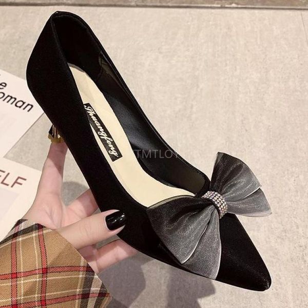 

dress shoes bowknot party pumps solid color shallow mouth pointed toe zapatillas mujer luxury women designers, Black