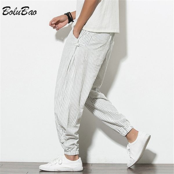 

bolubao 2021 summer new men loose linen thin striped jogger sweatpants breathable plus size casual harem pants male, Black