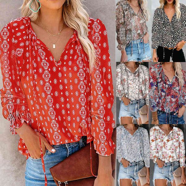 

new popular chiffon print blouse in 2021 v-neck long sve t-shirt, White
