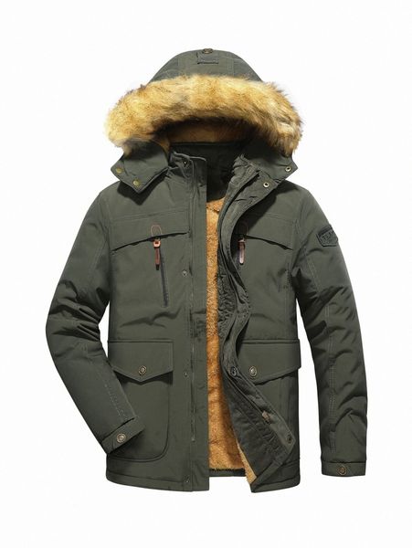 

men letter patched fuzzy trim removable hooded thermal parka coat p9al#, Black;brown