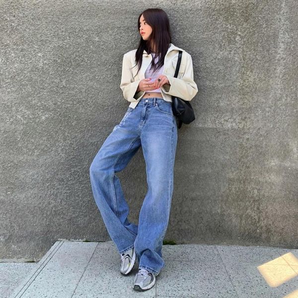 

blue number print straight y2k jeans for girls female women's fashion denim pants vintage high waist trouser harajuku capris