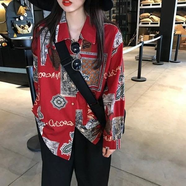 

women's t-shirt female blouses shirt fashion long sleeve printing chiffon buttons turn-down collar high street vintage casual womens ko, White