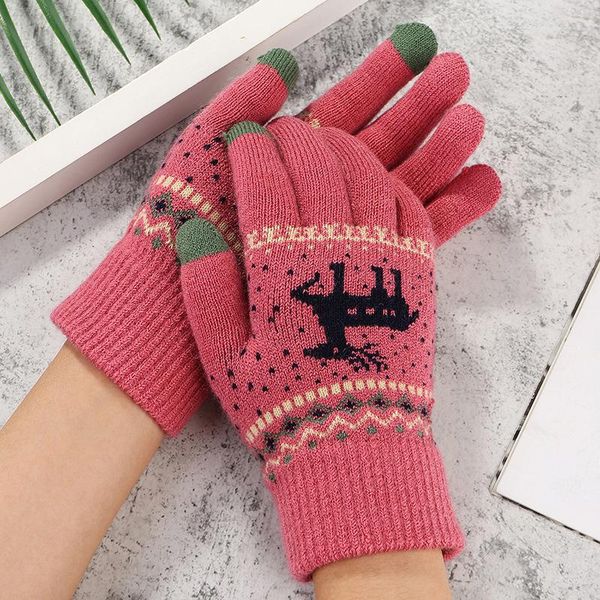 

five fingers gloves fashion knitted thick touch screen for men women christmas deer printed warm autumn winter full finger 6 color, Blue;gray