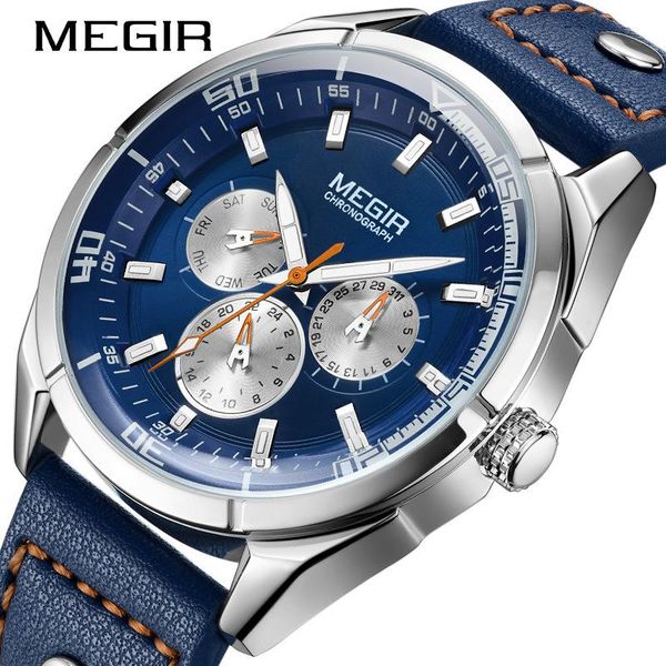 

wristwatches megir fashion sport belt multifunctional chronograph calendar luminous quartz men's watches hands relogio masculino 2072g, Slivery;brown