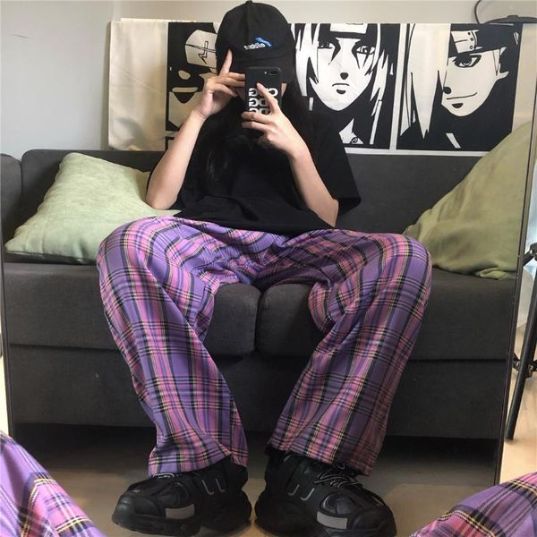 

women's pants & capris harajuku straight plaid print pocket loose pant for women and men 2021 japan hip hop streetwear casual trousers, Black;white