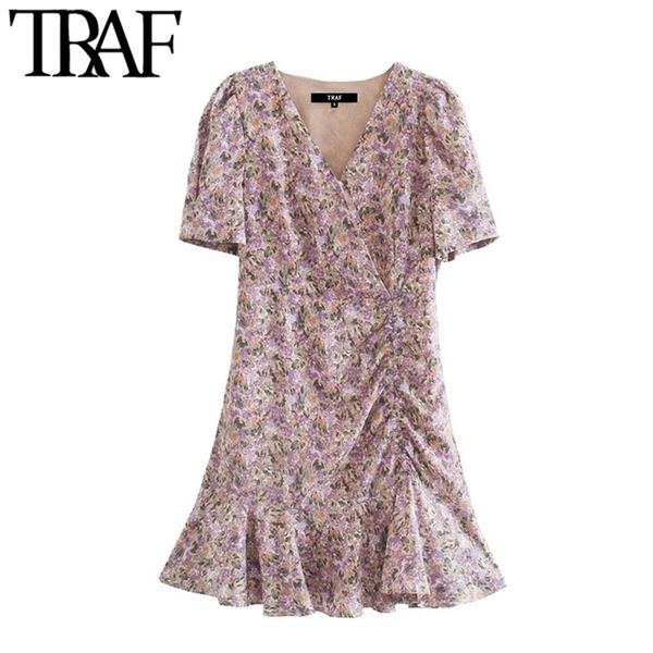 

women chic fashion floral print ruffled mini dress vintage puff sleeve with lining female dresses vestidos mujer 210507, Black;gray