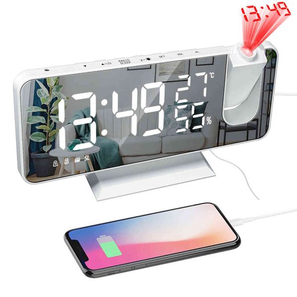 FM Radyo LED Dijital Akıllı Alarm Saati İzle Masa Elektronik Masaüstü Saatler USB Uyandırma Saat 180 ° Projeksiyon Zaman Snooze 211111