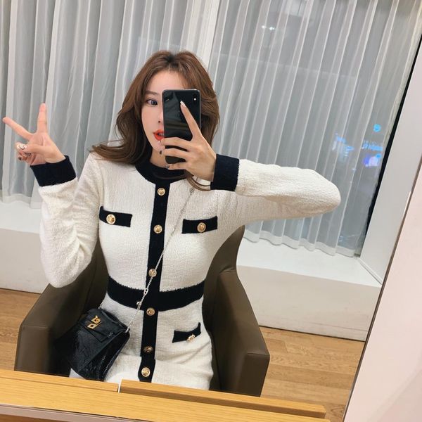

black white matching fine female dress autumn style high waist, Black;gray