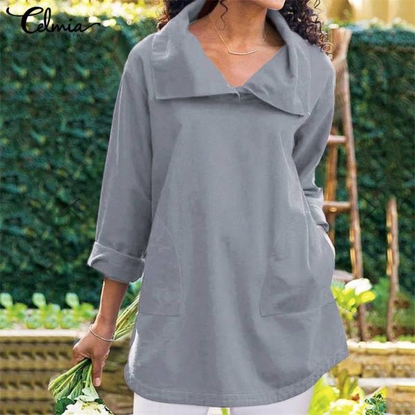 

women's blouses & shirts celmia women vintage tunic fashion 2021 autumn long sleeve lapel solid color casual loose blusas femininas, White
