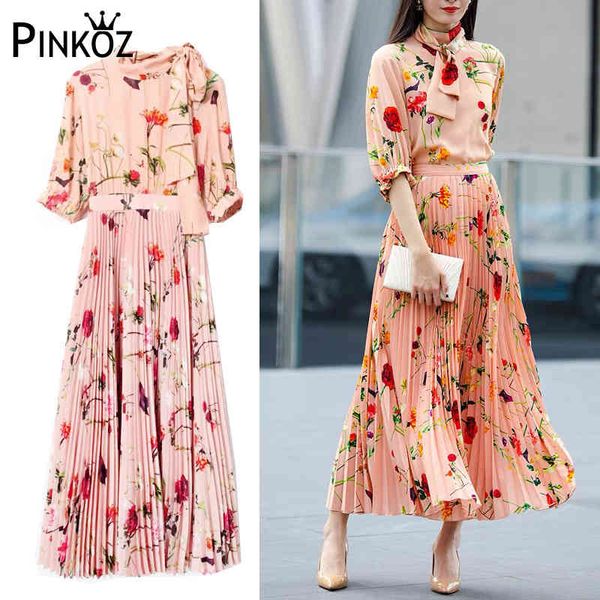 

women two pieces set pink flower printed lace up elegant lady blouse midi pleated skirt office clothin party chic za 210421, White