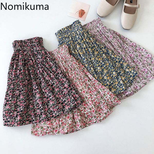 

nomikuma floral printed pleated skirt women stretch high waist a line nimi skirts casual vintage korean style faldas mujer 210514, Black