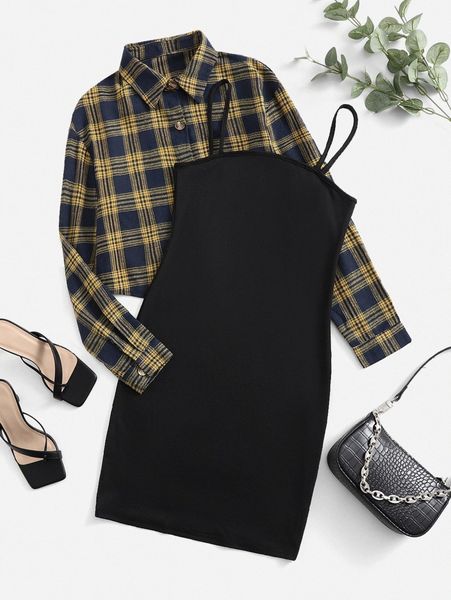 

plaid jacket & cami dress u31w#, White