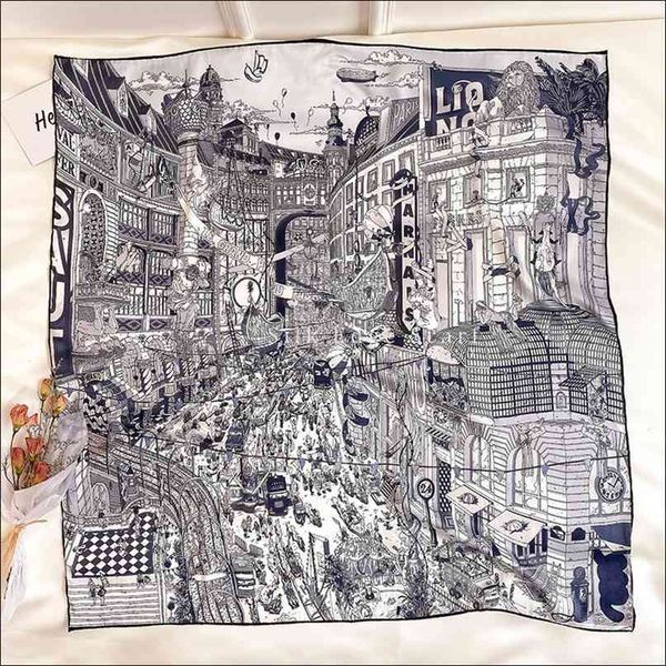 

luxury scarves 90*90 cm silk scarf square twill hand rolled bandana foulard femme soie de marque luxe 210819, Blue;gray