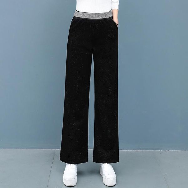 

women's pants & capris women solid casual corduroy 2021 korean autumn winter fashion splice elastic high waist thickening wide leg, Black;white