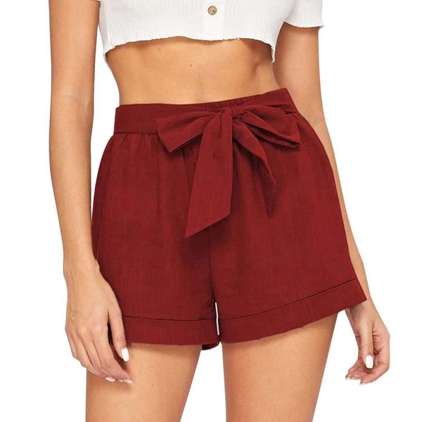

women's shorts summer casual loose women bow drawstring beach mid waist solid fashion female with sashes cotton, White;black
