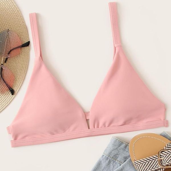 

pink v-neck sling swimsuit with push up bra women bikini solid color padded swimwear bathing beachwear swimming banador two-piece s