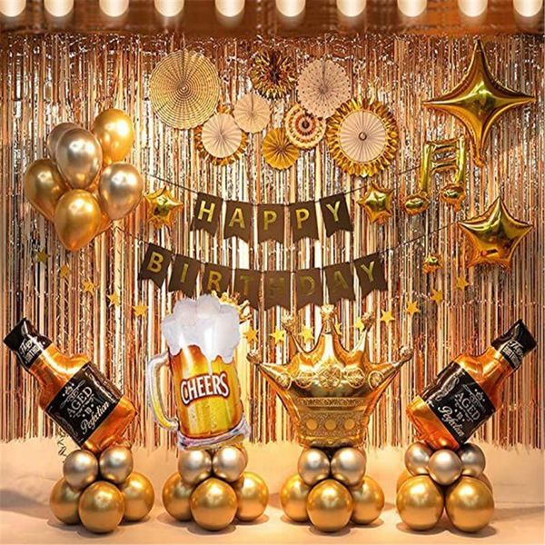 

party decoration birthday gold background balloons set supplies with string light - perfect for men and women