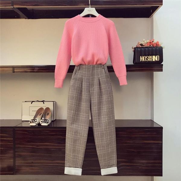

two piece dress pink knitted long sleeve fashion o-neck women winter sweaters +plaid woollen cloth high waist pencil pants 2 pieces sets, White