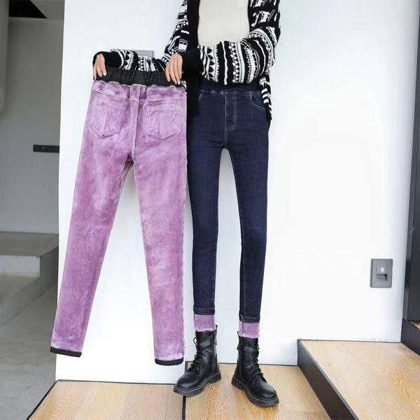 

women's jeans winter warm woman high waist casual velvet trousers fashion thicken skinny stretch denim pants pencil mom, Blue
