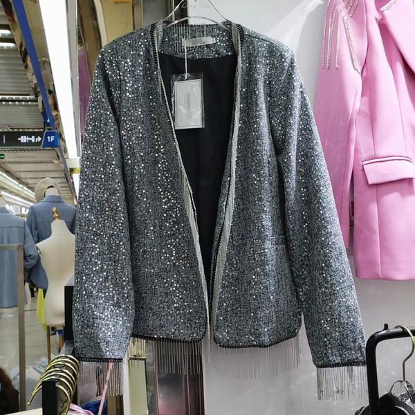 

women's suits & blazers 2021 spring chain tassels sequin shiny suit coat fashion split cuff blazer jacket office lady elegant coats, White;black