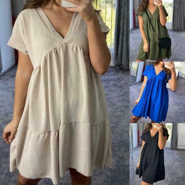 

casual dresses summer female simple sundress skin-friendly v neck short sleeve large hem solid ruffles dress loose mini for women 2021, Black;gray