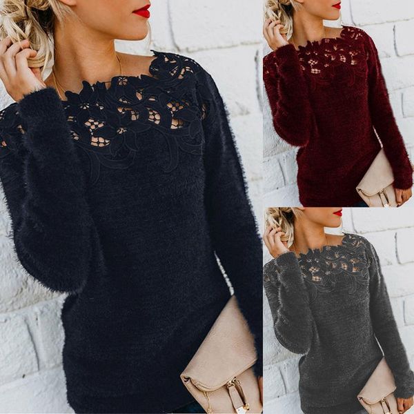 

women's sweaters 2021 pullover solid lace splicing hollow out long sleeve off shoulder plush sweater women winter, White;black