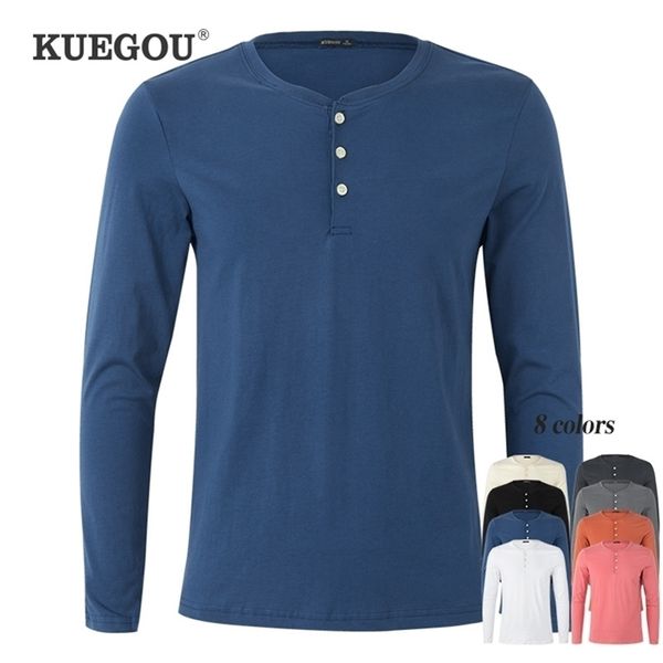 KUEGOU 100% Baumwolle Kleidung Solide Männer T-shirt Langarm Basic Tee Frühling Henley T-shirt Hohe Qualität Top Plus Größe ZT-88025 210716