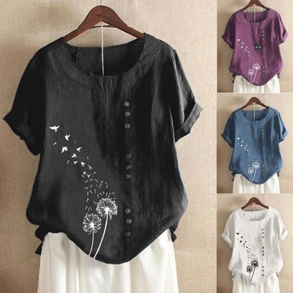 

women's blouses & shirts brand woman summer o-neck tunic 2021 casual short sleeve print blouse blusa feminina, White