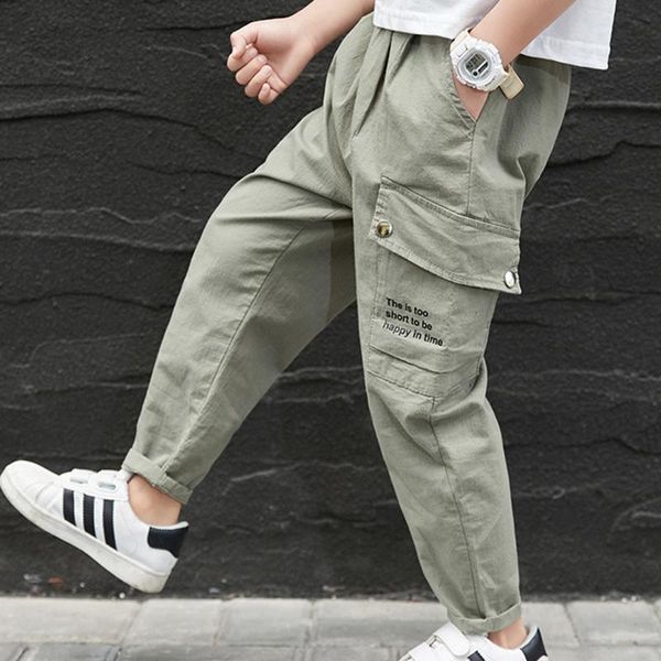 

trousers est spring summer kids boys pants cotton solid cargo teenage boy multi-pocket casual streetwear 4-14 yrs, Blue