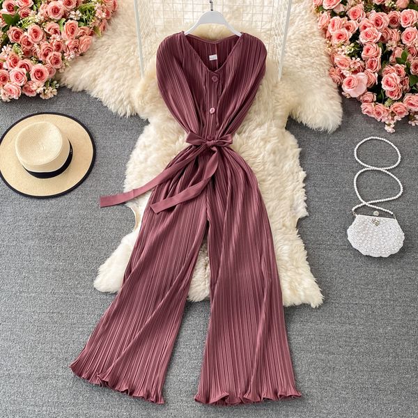 

casual single breasted pleated romper women vintage v-neck sleeveless high waist wide leg jumpsuits female with sashes summer, Black;gray