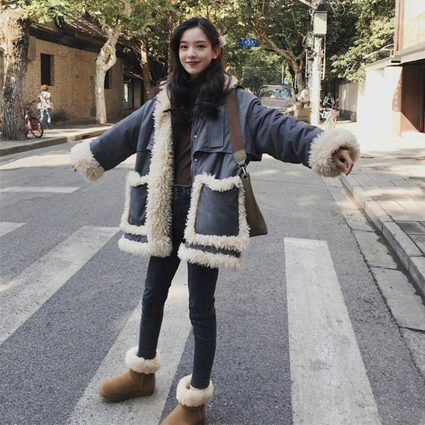 

women's fur & faux winter jacket women 2021 solid outwear coat lamb warm thick fashion loose parkas teddy1, Black