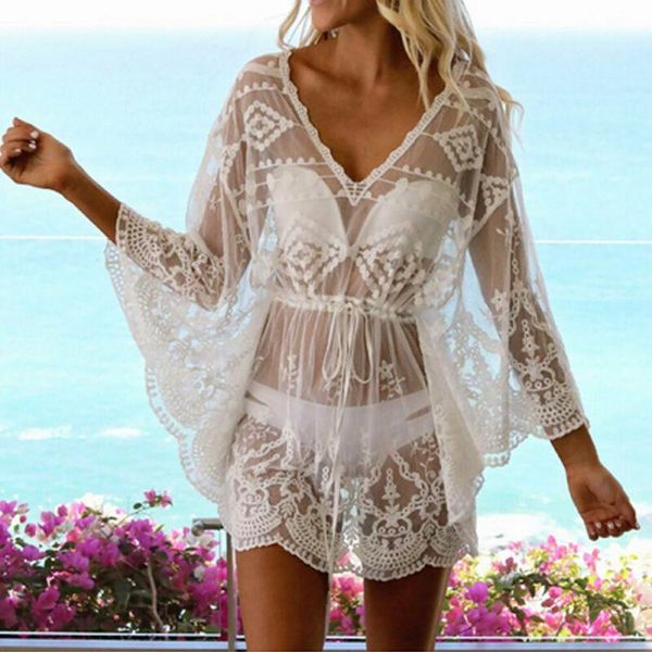 

women summer bikini cover-up mesh dress lace floral mini long sleeve sheer see-through fishnet beach skirt women's swimwear, White;black