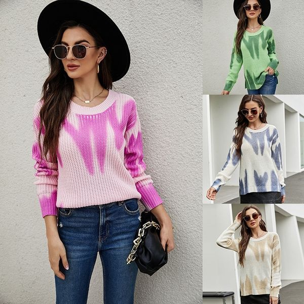 

2021 autumn and winter new printing dyeing long sleeve sweater round neck pullover loose knitted women, White;black